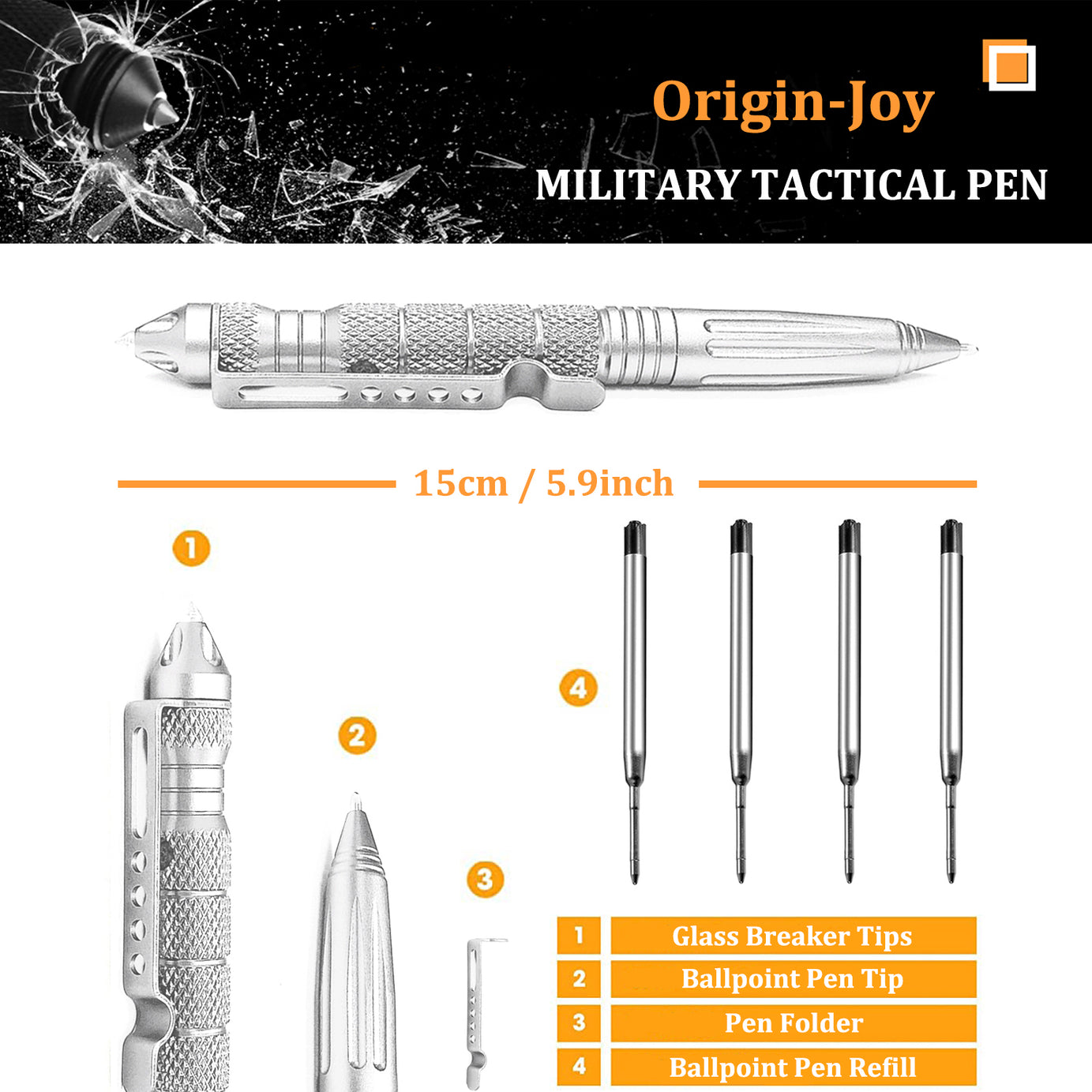 Origin-Joy Tactical Pen - AL01 & Silver (6061-T6 Aluminum)