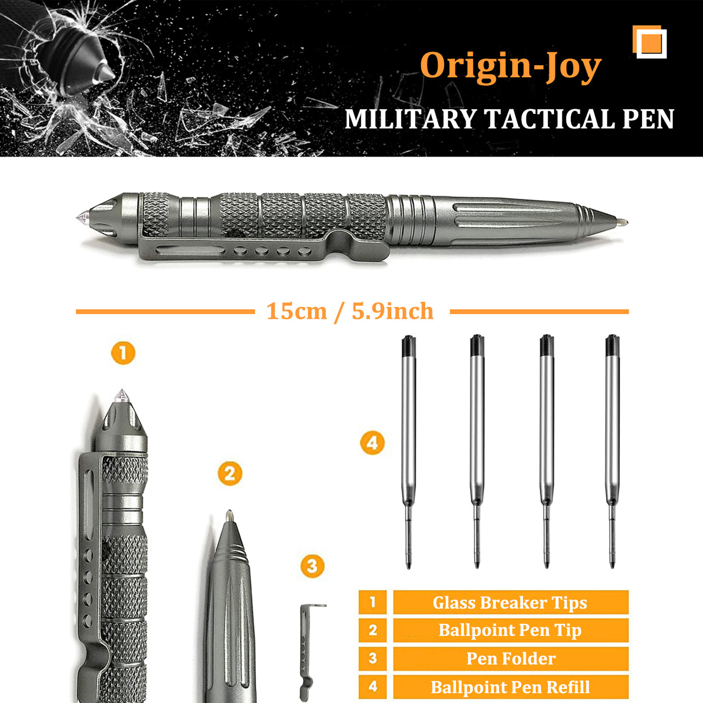 Origin-Joy Tactical Pen - AL01 & Gray (6061-T6 Aluminum)