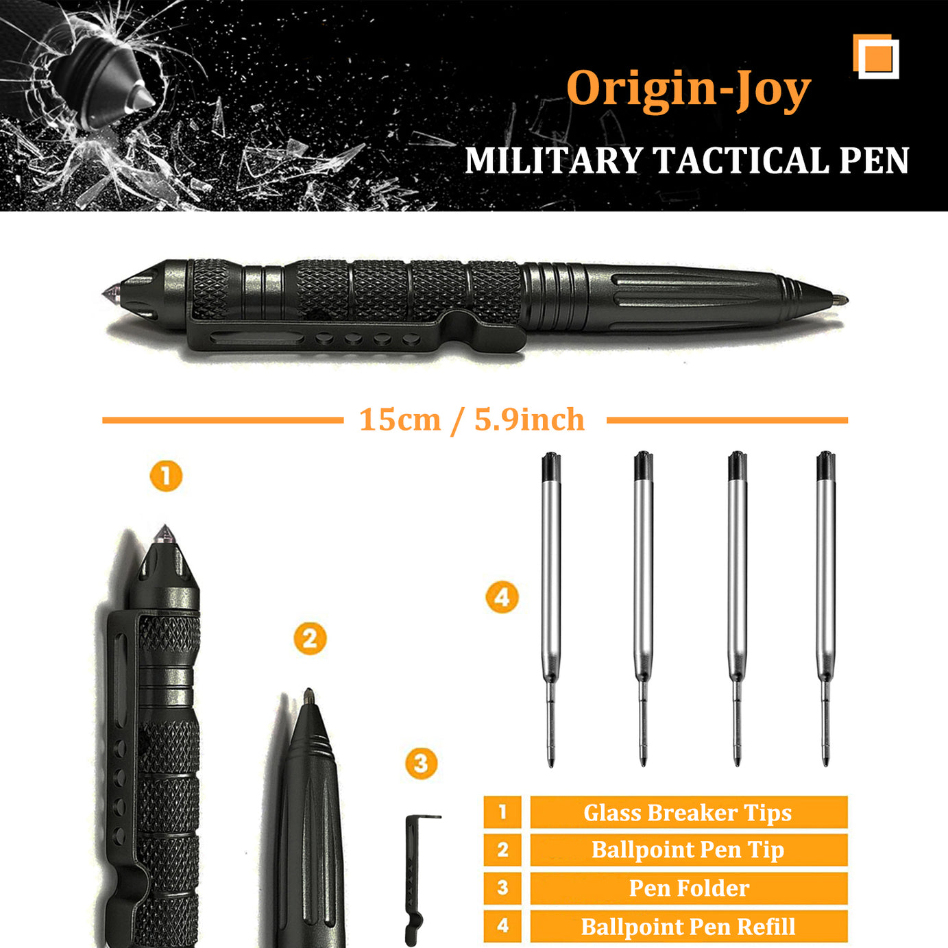 Origin-Joy Tactical Pen - AL01 & Black / Gray / Silver / Gold (6061-T6 Aluminum)